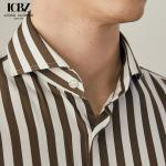 Men's Business Formal Brown Striped Long-Sleeved Shirt with Single Breasted