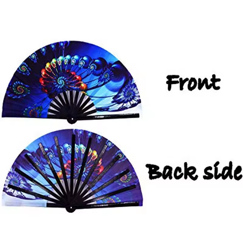 Custom Printed Large Folding Clack Hand Fan Sublimation UV Reactive Bamboo Handheld For Festival Raves
