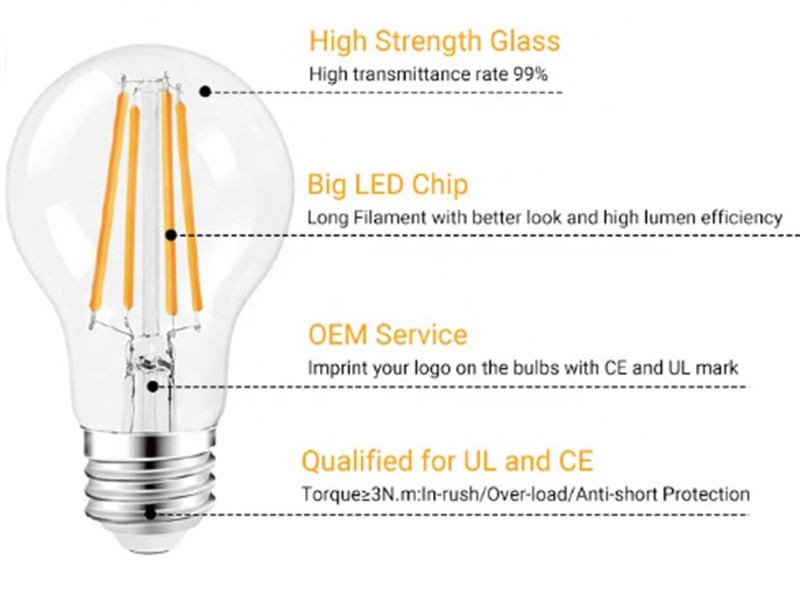 A19 LED Filament Bulb A60 B22 Clear E27 Standard Bulb 4W 60*105mm