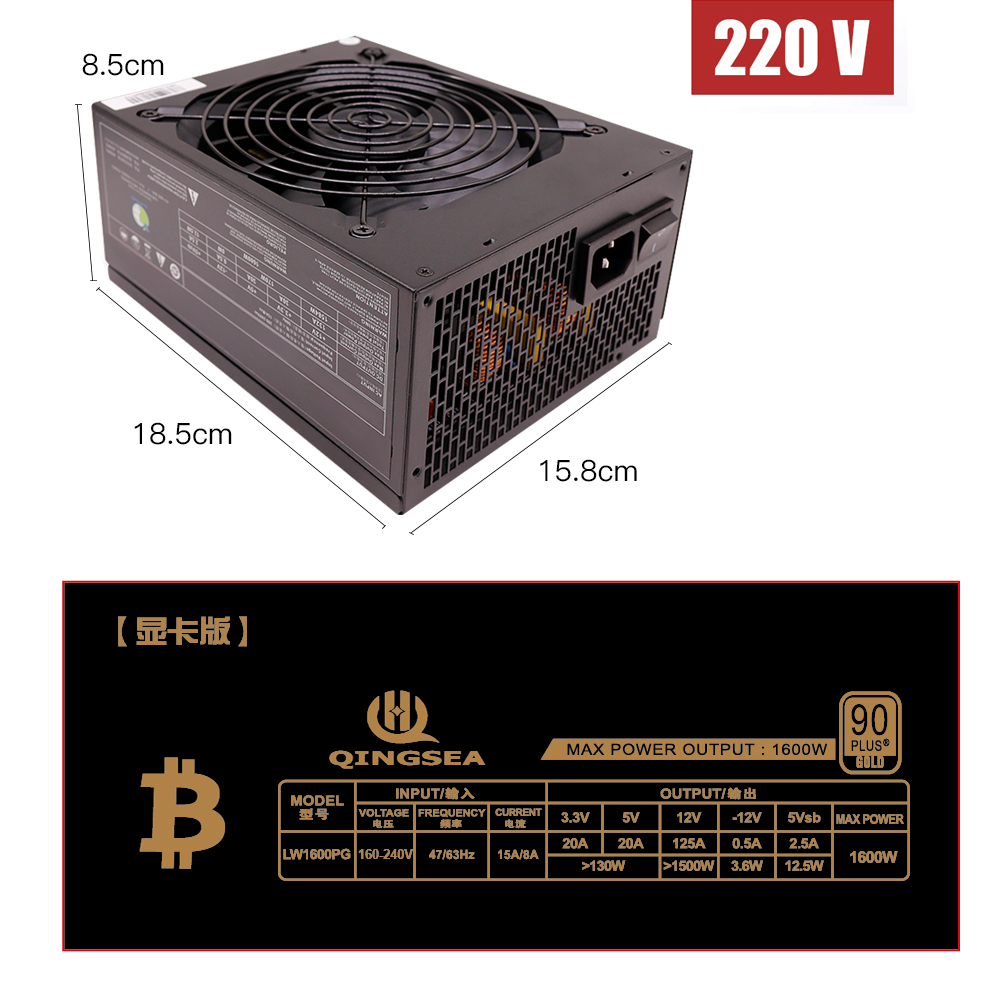 NEW 1600w Full Modular PSU 90plus Gold PC Power Supply 110V-240V for Support 6 Graphics