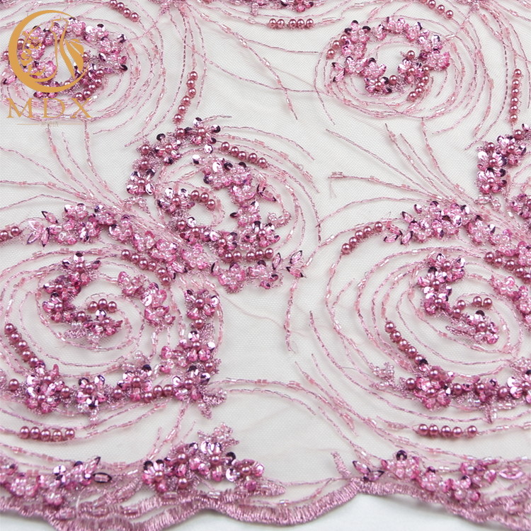 Wedding Dress Pink Heavy Beaded Lace Fabric Customized 20% Polyester