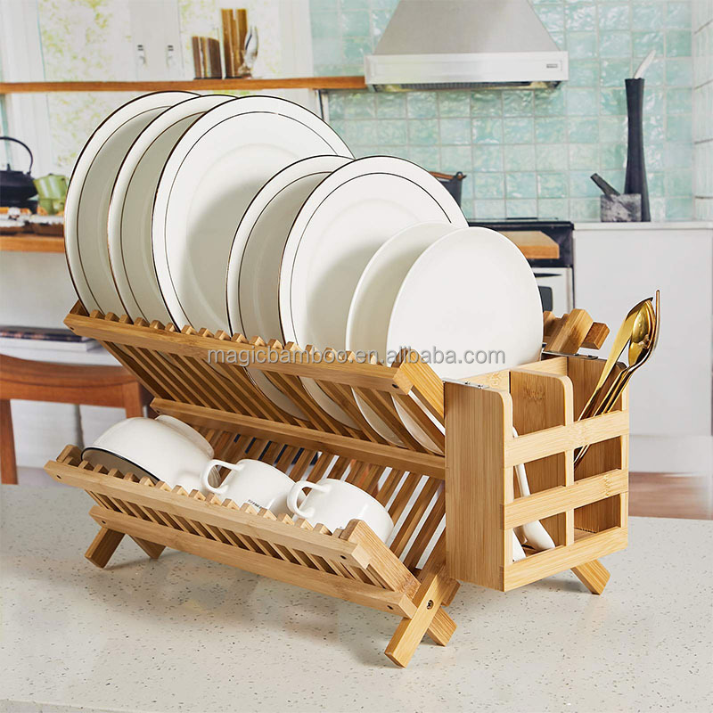 Collapsible 3 tier Bamboo Wooden Dish Drying Rack With Utensil Holder