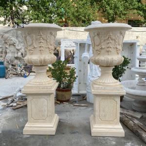 Quality Marble Modern Flowerpot Outdoor Beige Stone Vase Planter Pot Garden Decoration Handcarved wholesale