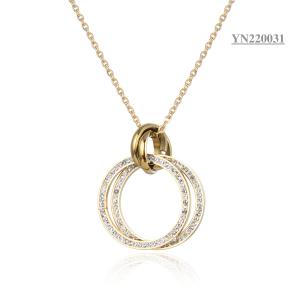 Quality Gold Stainless Steel Fashion Necklaces Double Rhinestone Ring Pendant Necklace wholesale