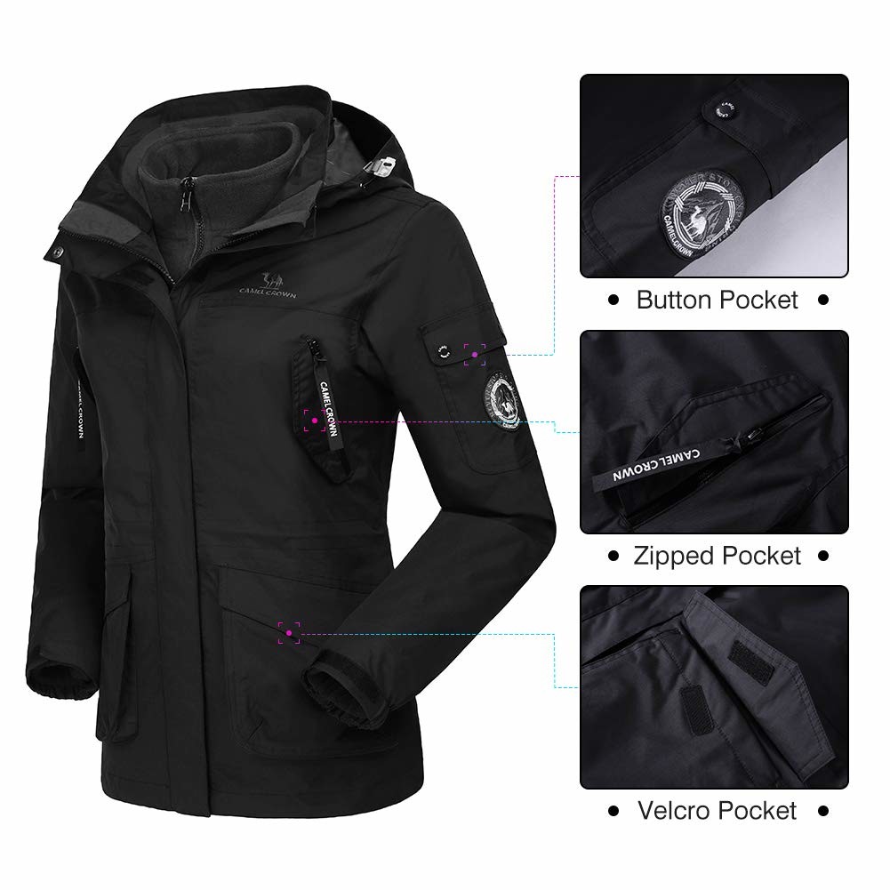 3 In 1 Waterproof Ski Jacket Black Color 100% Polyester Material For Rain Snow Hiking