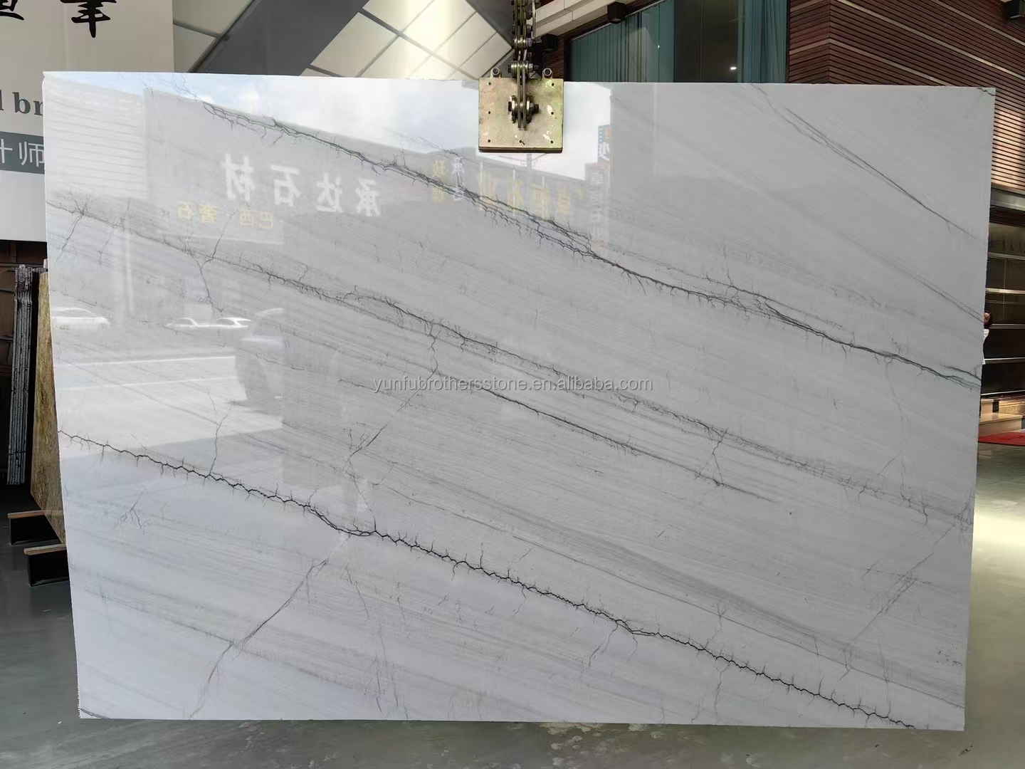 Modern Kitchen Floor and Stair White with Green/Grey Veins Calacatta Marble Book Match Table Countertop