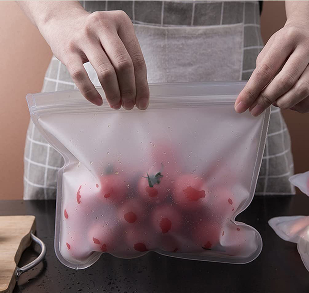 Reusable Leakproof Silicone Food Storage Bag with Zipper Top and Self Sealing Design