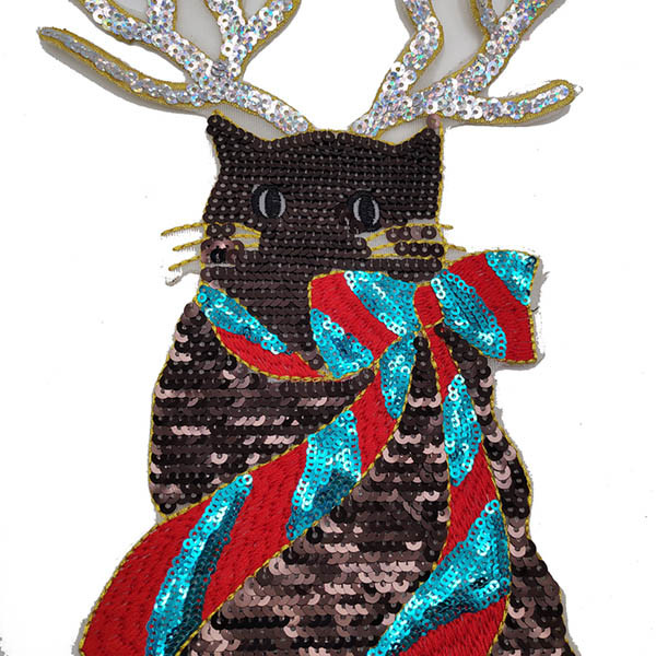 Black Sequin Cat Iron On Patch , Special Design Embroidered Animal Patches