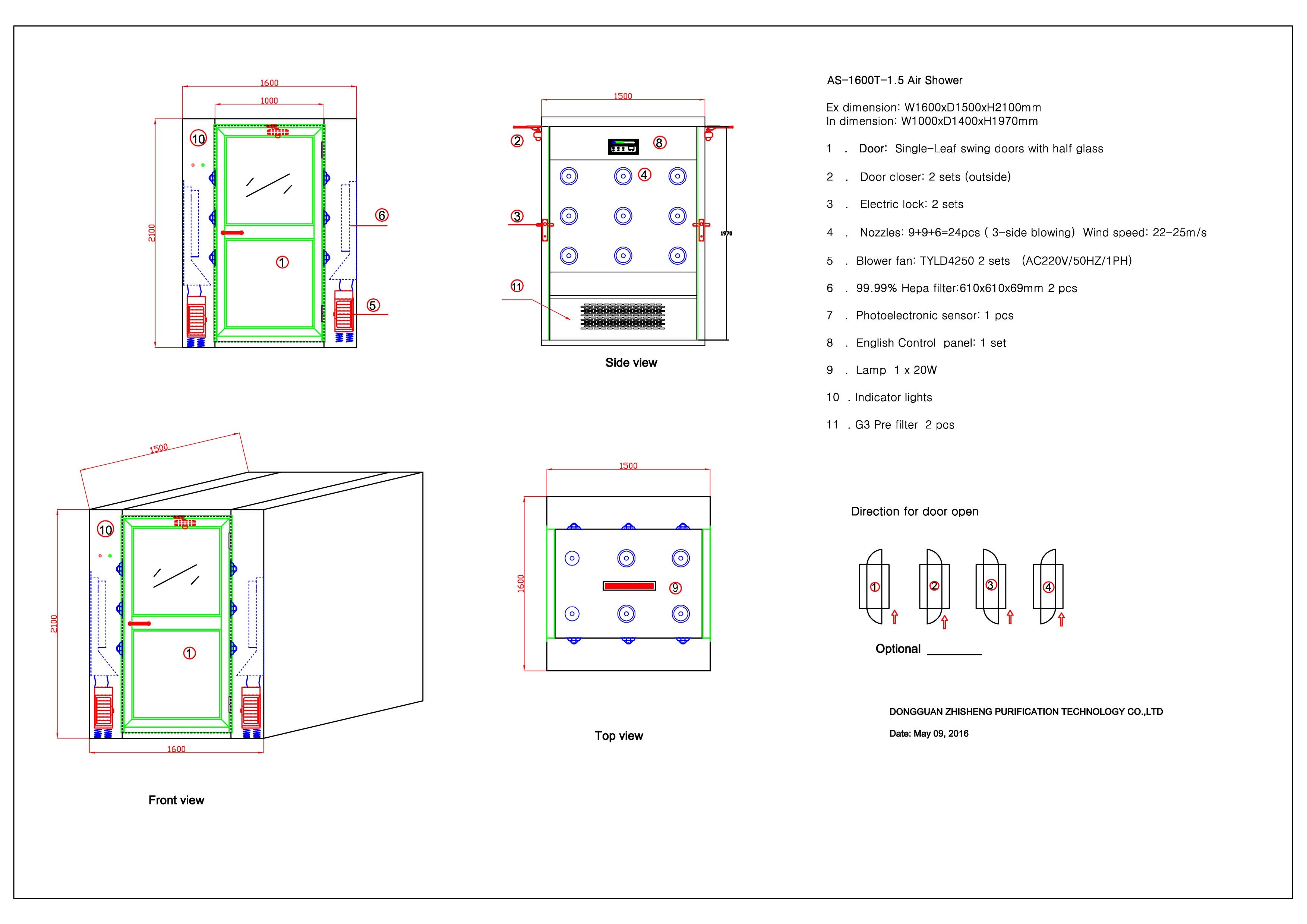 Stainless Steel Swing Doors Cleanroom Air Shower For 2 Person