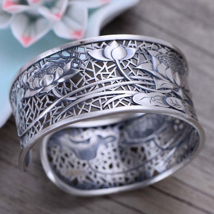 Vintage Handmade Engraved Designs Flower Sterling Silver Cuff Bracelet(058233)
