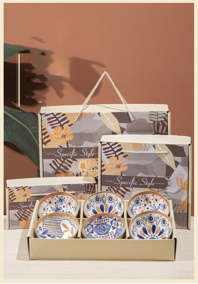 Exquisite Bohemian Design Ceramic Bowl Set of 4 in Gift Box with Plate and Chopsticks