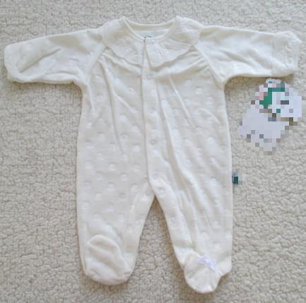 White Velour Baby Romper With Feet Embroidery Poplin Fabric Along Neckline