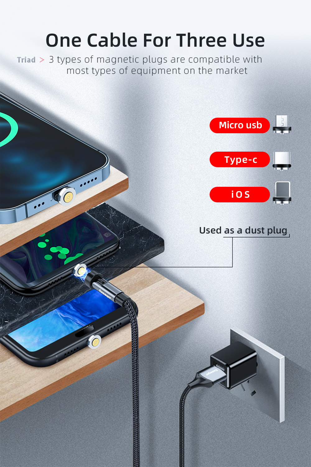 540 Rotation L 3 In 1 Magnetic USB Charging Cable 8 Pin Fast Charging For Data Transfer