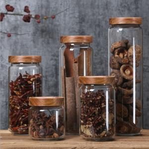 Quality 0.4L 0.5L Clear Glass Kitchen Canisters With Wooden Lids Engraving LOGO wholesale