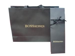 Quality Promotional Bosssunwei Black Special Paper Carrier Bag With Press Gold Lings, Logo Stamp wholesale