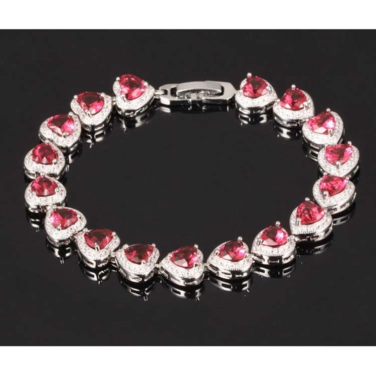 Fashion Platinum Plated Links Chain Heart Shape Red Cubic Zirconia Tennis Bracelet (JDS949RED)