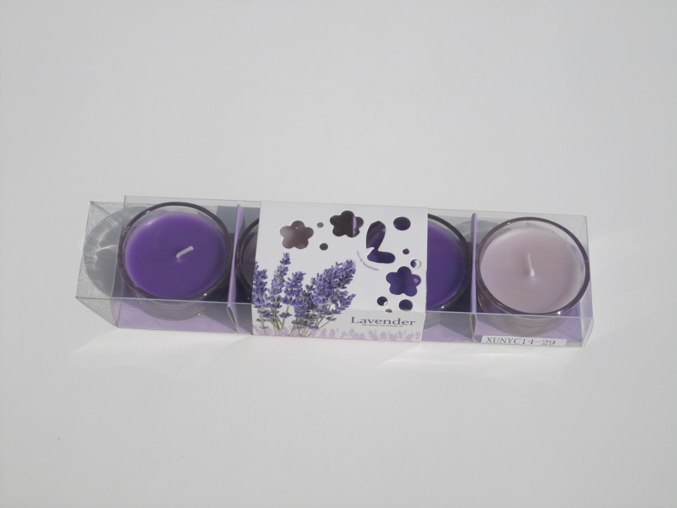 4pk purple and pink lavender fragrance tealight candle with printed wrapping label packed into clear box