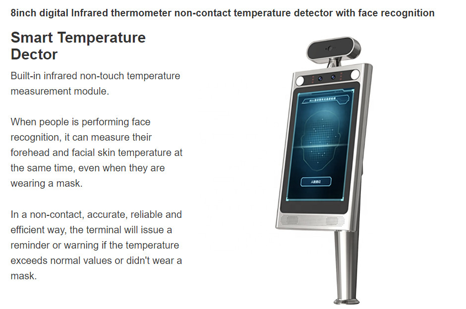 DC Adapter 8 Inch AI 800*1280 Facial Recognition Thermometer