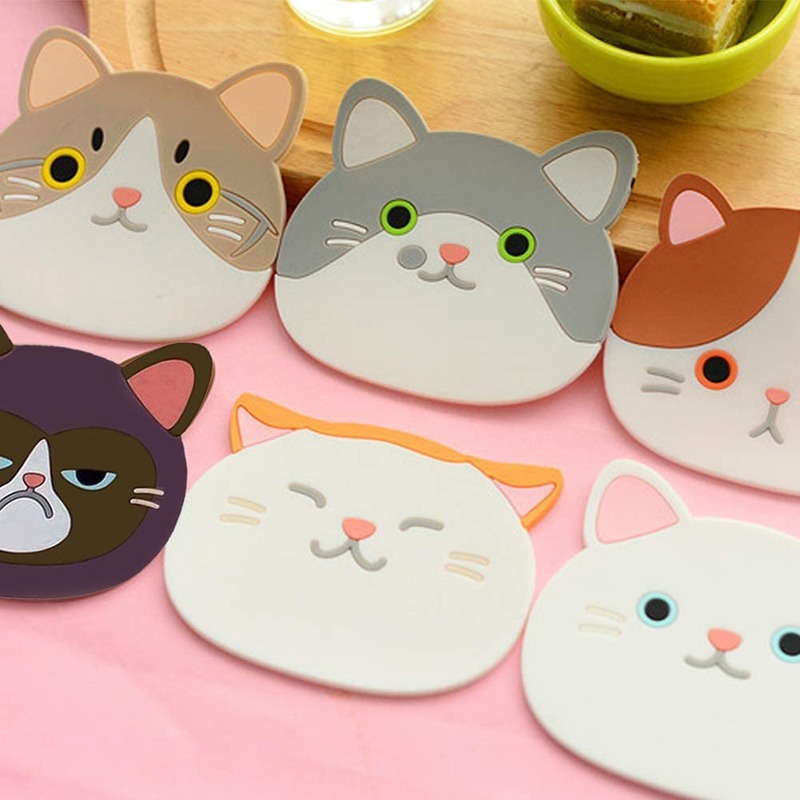 Minglu CM-005Cute Cartoon Cat Cup Coasters Mats Silicone Rubber Coaster for Wine, Glass, Tea, Housewarming Beverage, Drink, Beer