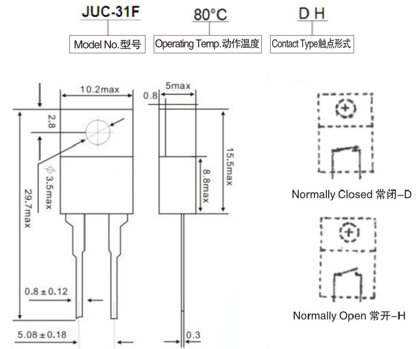 JUC-31F Thermal Protector Switch , TO220 Temperature Switch