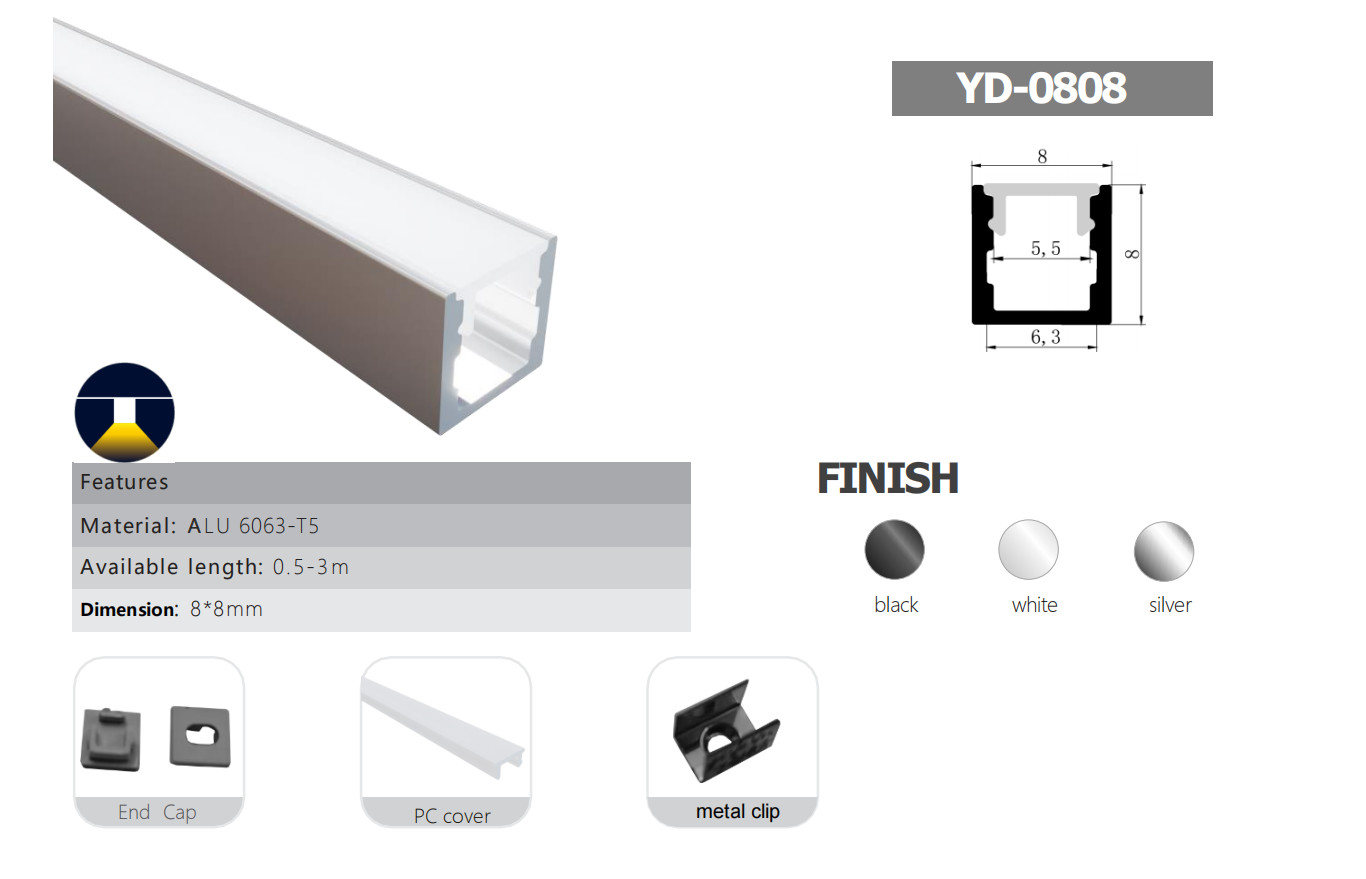 8*8mm Square LED Profile LED Aluminum profile For Cabinet Lights