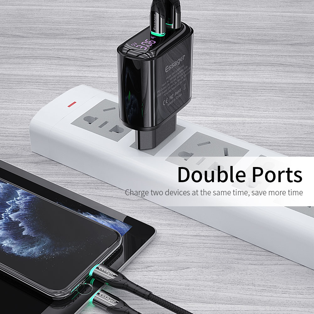 Essager 2021 Shining LED Display 3A Fast Charger USB Type Charger Cable USB PD QC3.0 Mobile Phone Charger