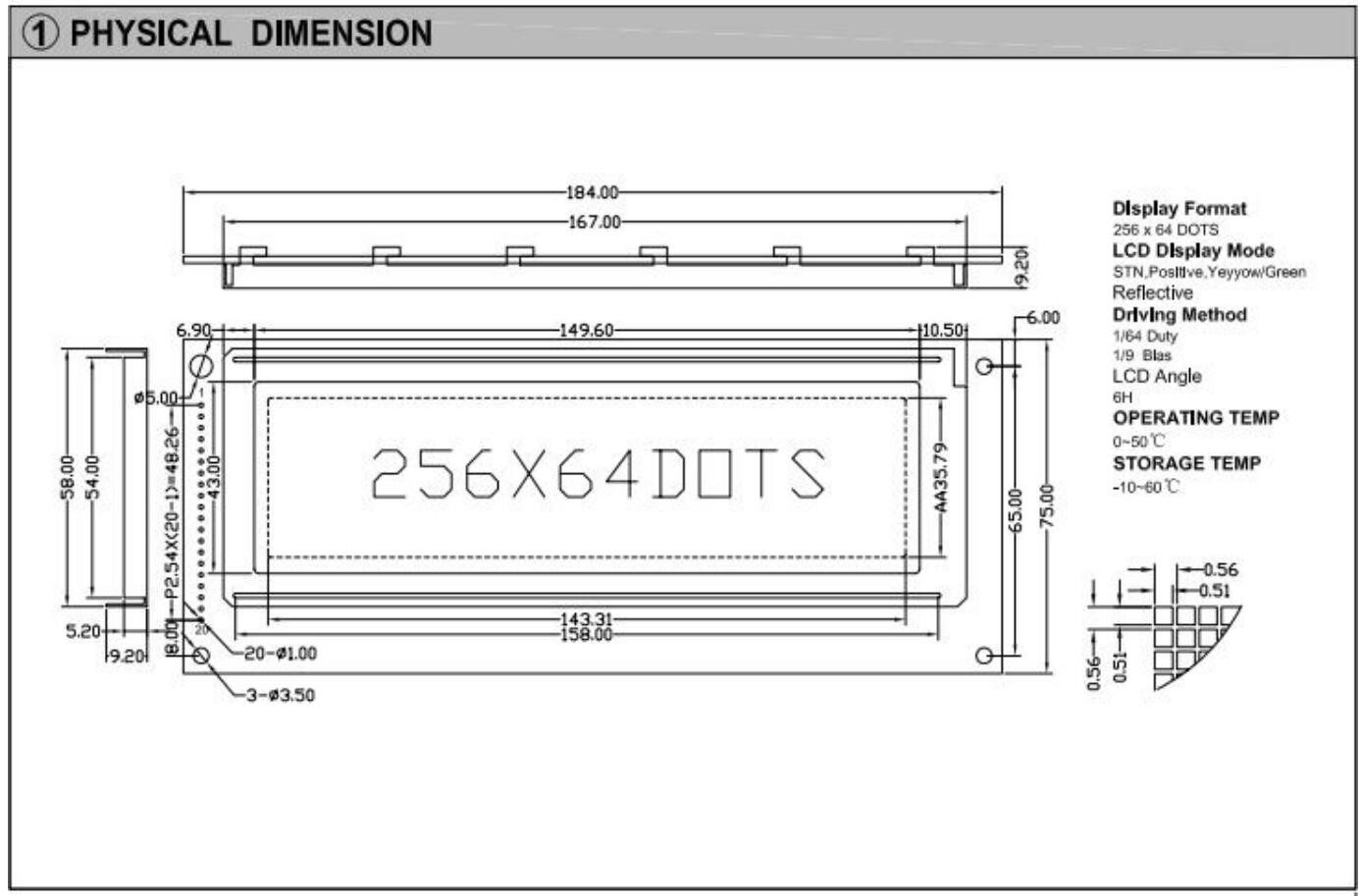 256*64 Graphic LCD Module STN Yellow Green 6H Positive Industrial Display