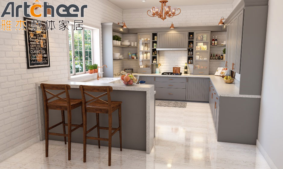 Cream Color Modern Kitchen Cabinets with Plywood Carcase and Solid Surface Countertop
