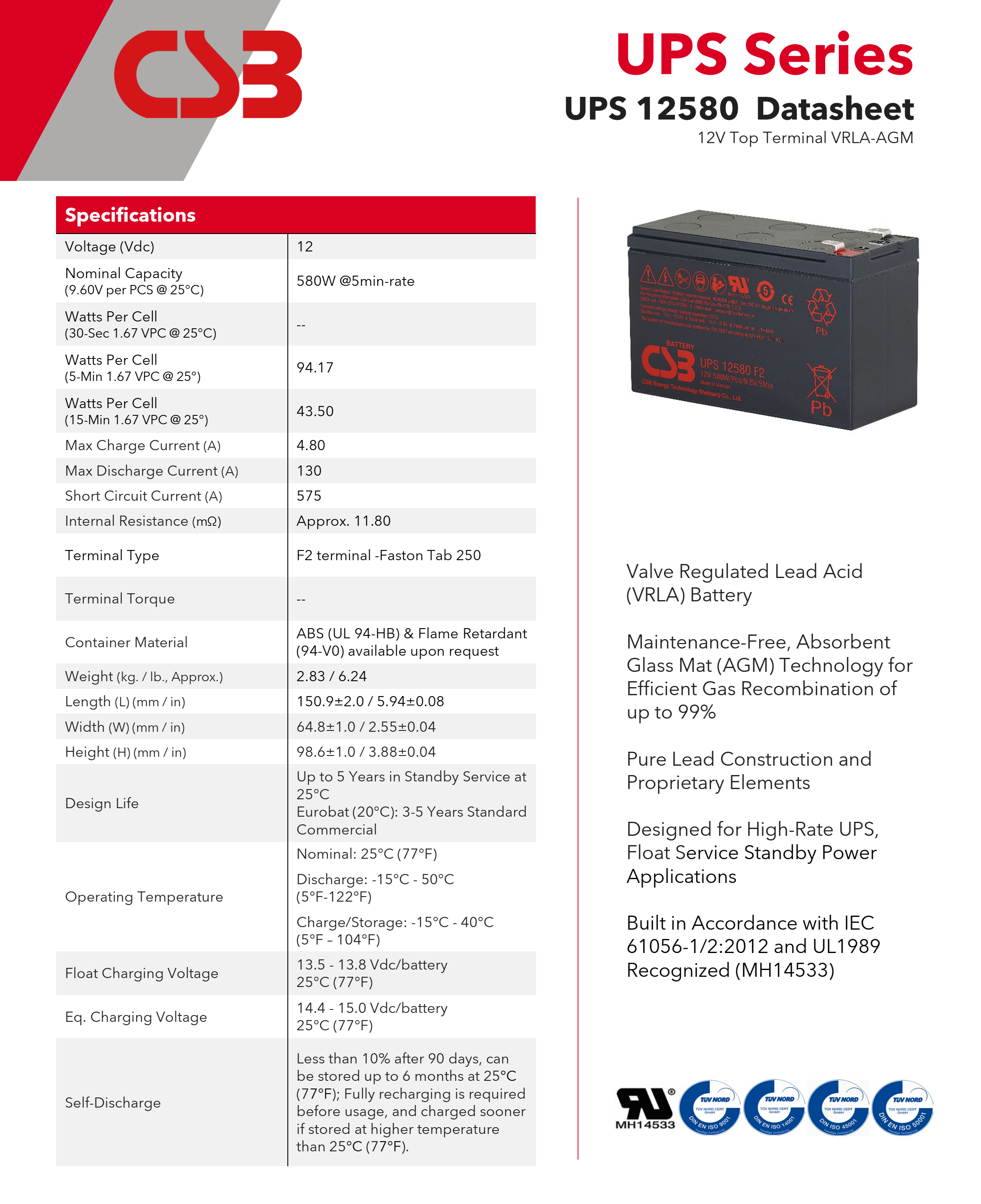 CSB Battery UPS12580 12V 580W High Performance Rechargeable Maintenance-Free VRLA 580W Battery for UPS Data Center