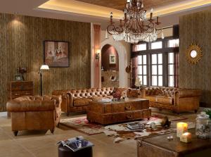 Quality Chesterfield Tan Brown Soft Leather Sofa Set Antique Industrial Style For Living Room wholesale