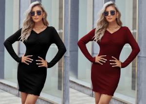 Quality Spandex Hip Wrap Dress Rayon Commute Knit Long Sleeve Pleated wholesale