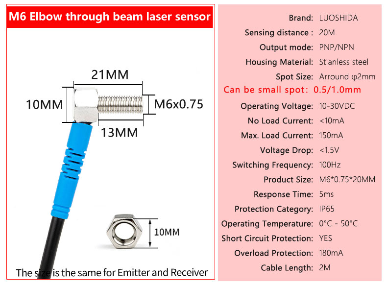 LUOSHIDA DC 3 Wire All Series Through Beam Laser Sensor 20m / 30m Sensing Distance