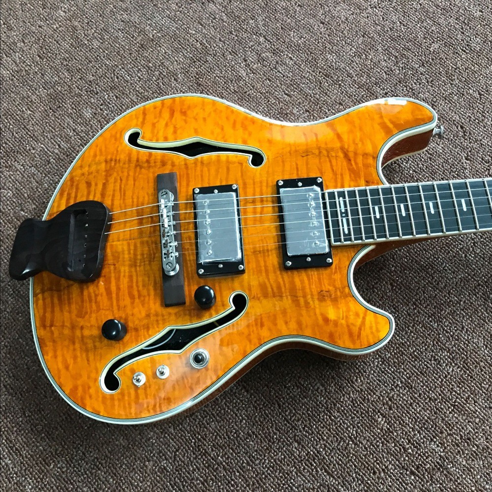 Custom F hollow body jazz Electric Guitar.double tiger flame gitaar.vibrato system.musical instruments orange color