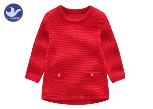 Quality Plain Color Girls Knitted Dress Crew Neck Long Sleeves With Fake Pockets wholesale