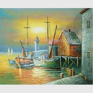 Quality Sailling Boats Oil Painting Harbor , Modern Sunset Landscape Painting wholesale