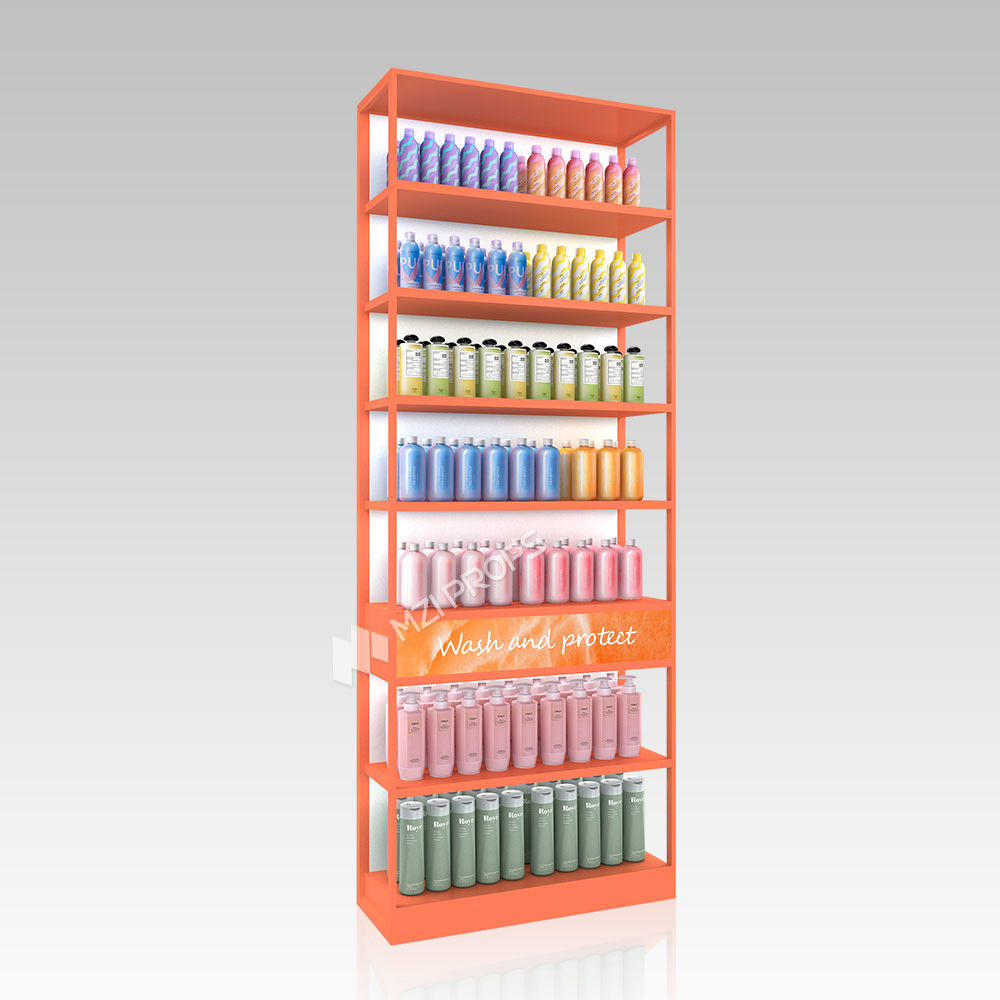 Cosmetic Cleaning and Care Product Wall Cabinet Orange Wooden Display Rack with Light-box for Retail Store Design