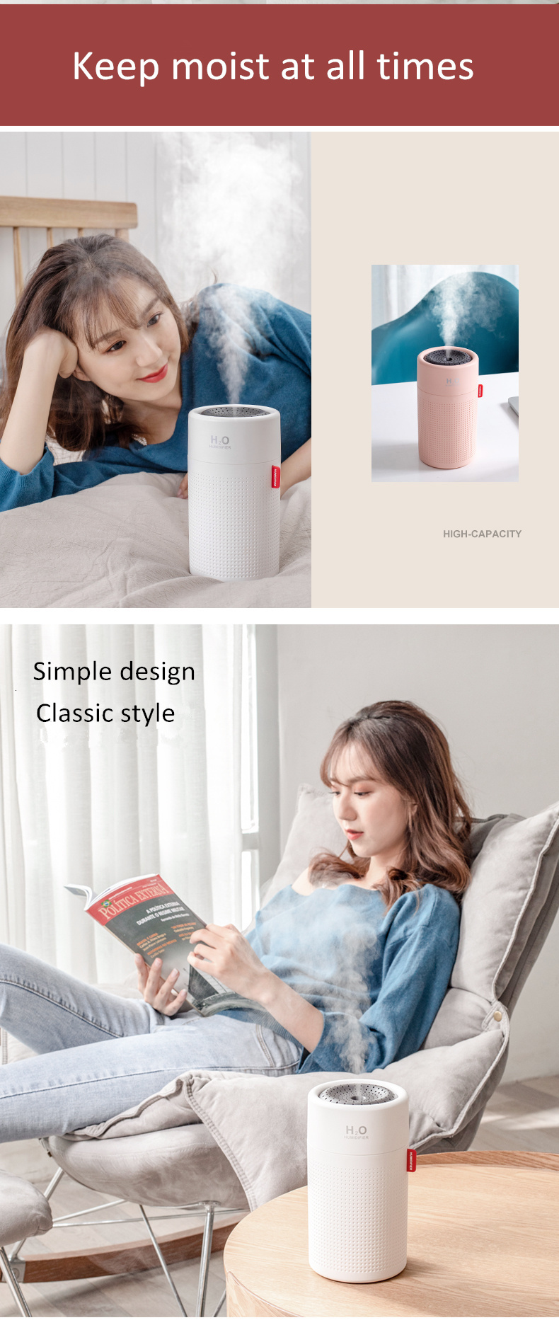 750ml Wireless USB Air Humidifier 2000mAh Battery Rechargeable Cool Mist Humidifier