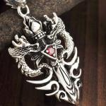 Men Sterling Silver Wheat Chain Necklace with Silver Double Dragon Dagger Amulet