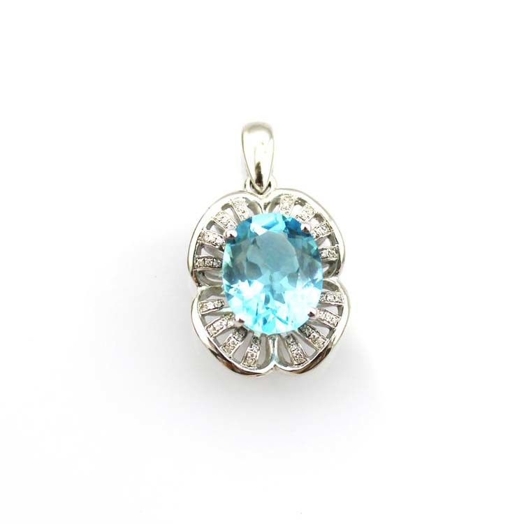 Sterling Silver Wave Chain 9x11mm Blue Topaz Cubic Zirconia Pendant Necklace(P01)