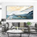 Blue Gold Foil Abstract Landscape Oil Painting On Canvas Hand Painted Modern