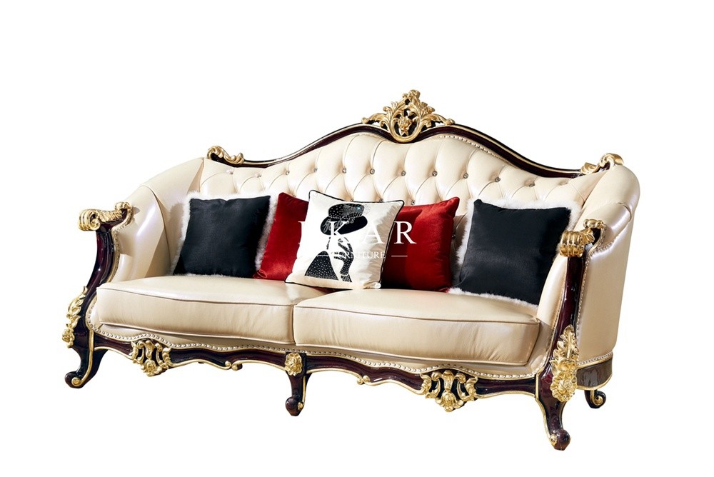 Royal Style Cream Color 6 Seater With Luxury Carving Leather Sofa Set