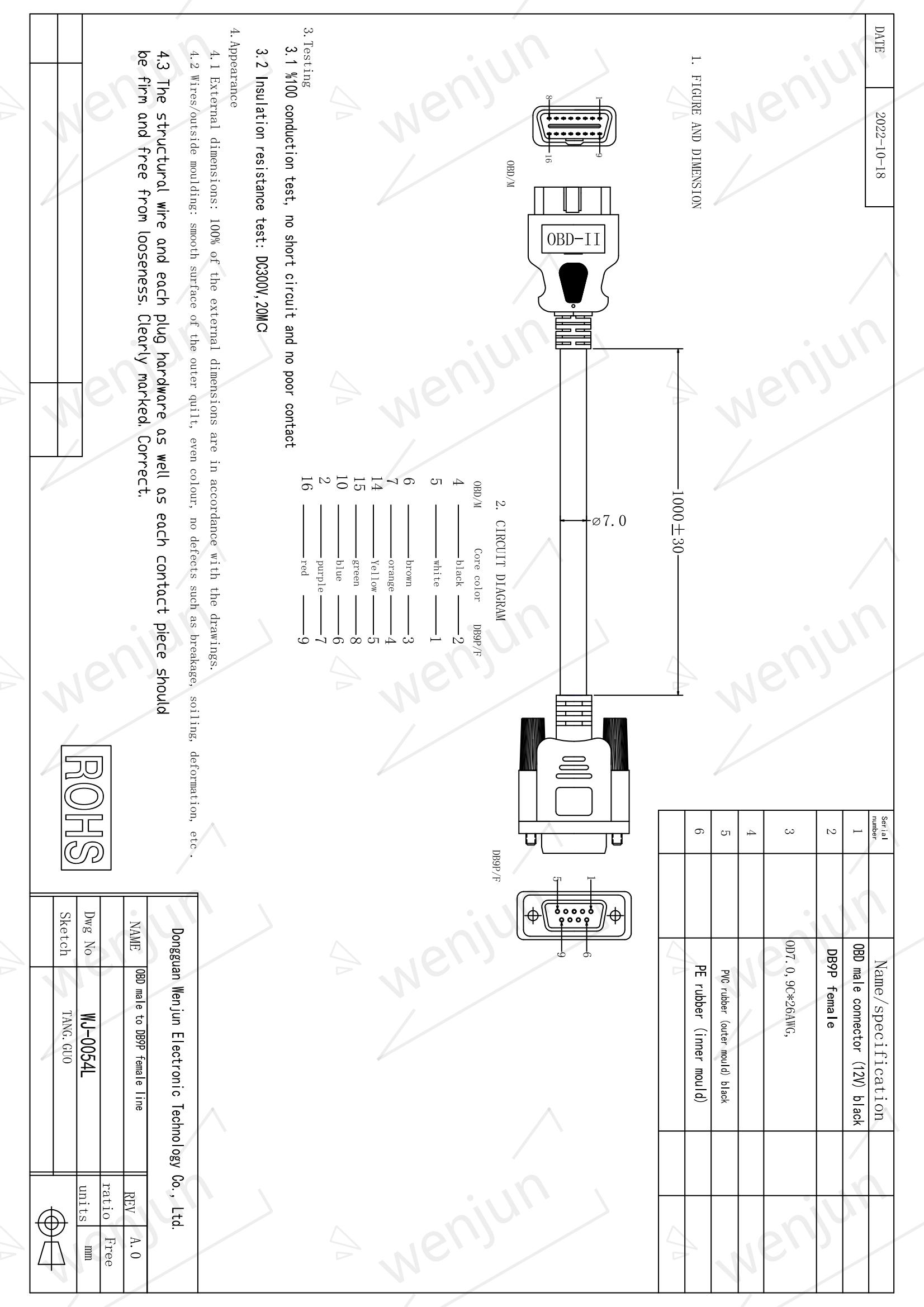 9 Pin Db9 OBD GPS Cable 12V 24V With Male To Female Connector