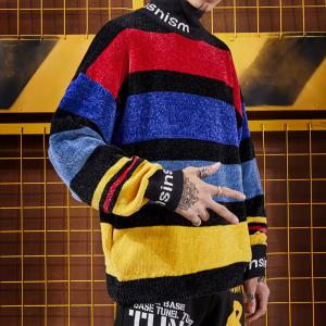 Quality small quantity clothing manufacturer Drop Shoulder Graffiti Rainbow Striped Sweater Chenille Ins Lazy Half Turtleneck wholesale