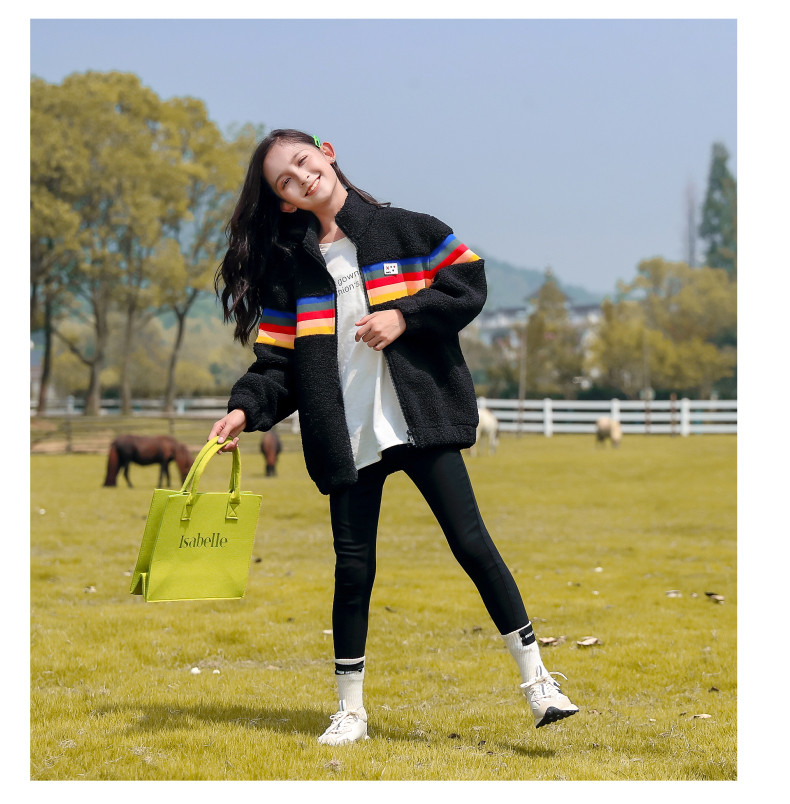 Girls Lamb Wool Coat Thickened Stitching Color Striped