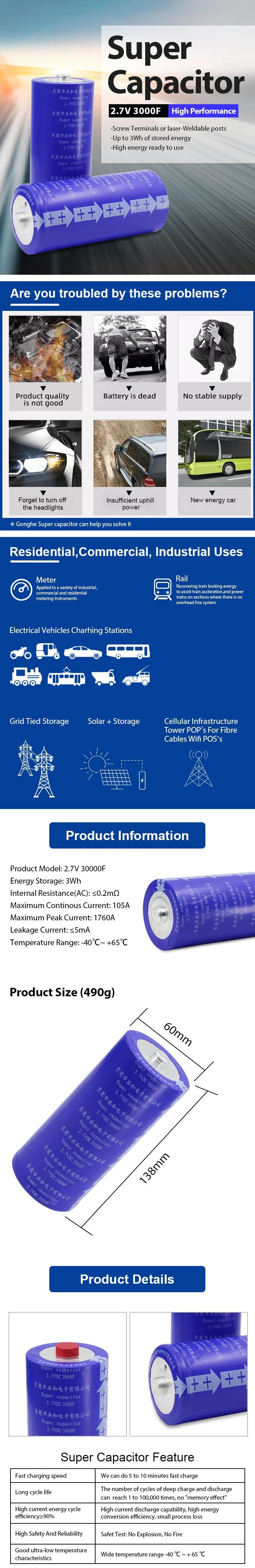 60x136mm Super Capacitor Battery 2.7V 3000F No Explosion Practical