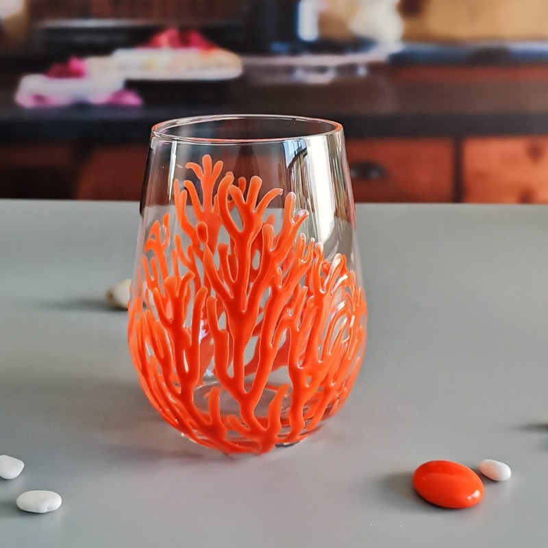 Egg Shaped 500ml Crystal Wine Glass With Embossed Red Corals