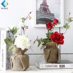 Tabletop Decoration Artificial Green Plants , Linen Bag Potted Fake Rose Plants
