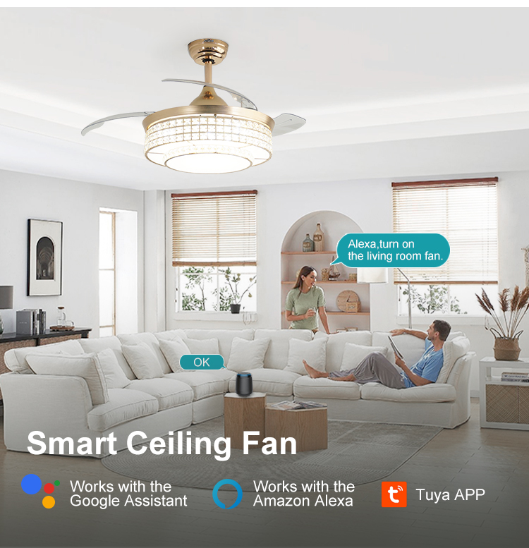 Home Office Function Air Conditioning LED Lighting Gold Ceiling Fan with Hidden Blades