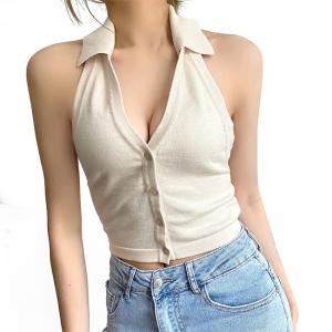 Quality Women Polo Collar Backless Button Crop Top Streetwear Slim Fit White Halter Vest wholesale