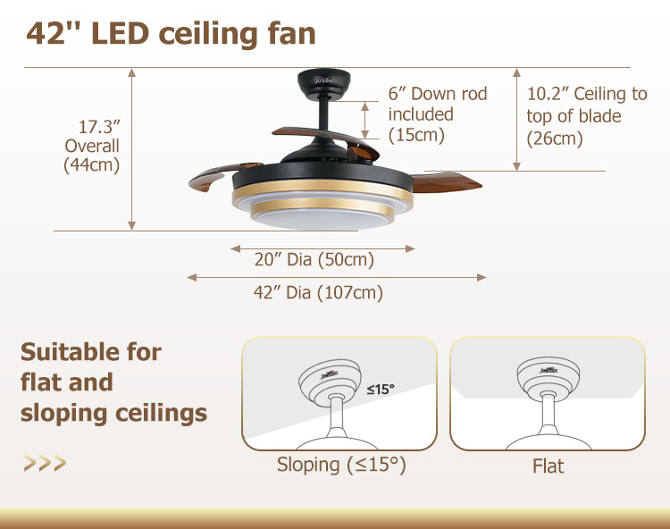 Gold Decorative Retractable Ceiling Fan with DC Motor and Lighting Solutions Service